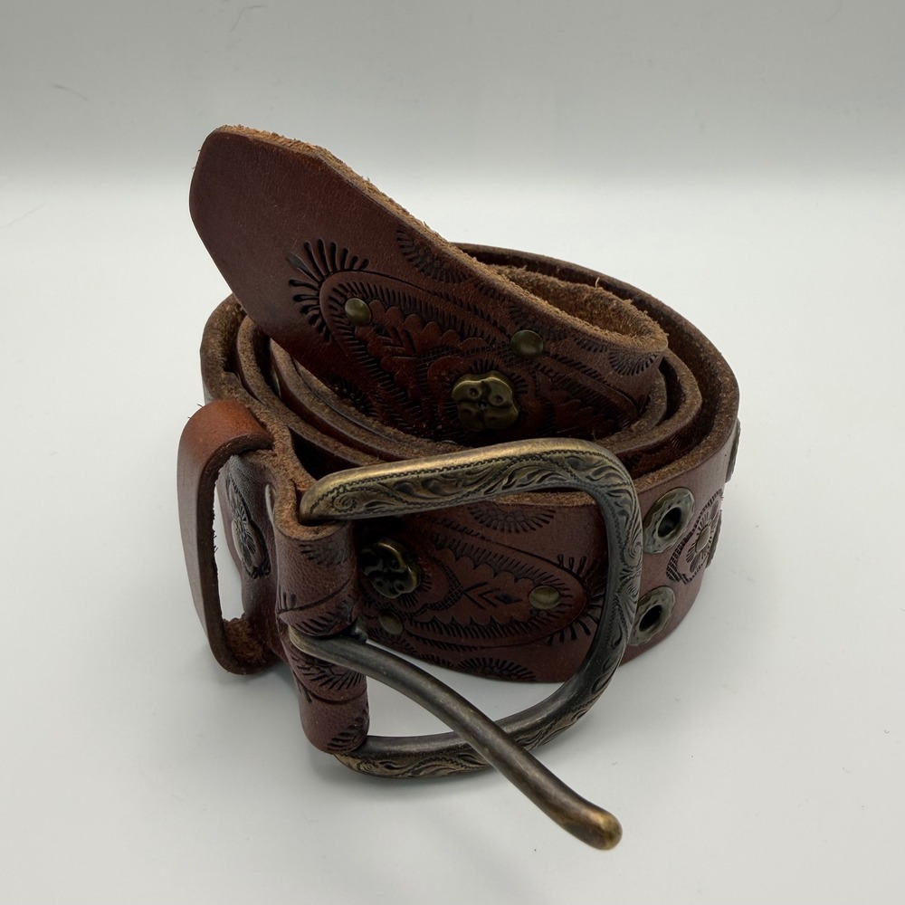 Fossil Brown Tooled Leather Western Belt Floral Studded 42in